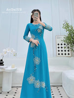 Turquoise Blossom Ao Dai Traditional Vietnamese Ao Dai No Pants