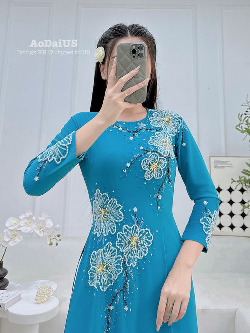 Turquoise Blossom Ao Dai Traditional Vietnamese Ao Dai No Pants