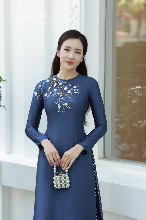 3D Floral with Crystal Dark Blue Traditional Vietnamese Ao Dai No Pants