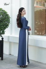 3D Floral with Crystal Dark Blue Traditional Vietnamese Ao Dai No Pants