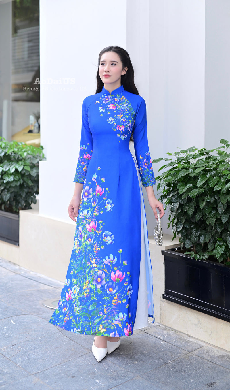 Floral Blue Traditional Vietnamese Ao Dai | No Pants G4