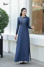 3D Floral with Crystal Dark Blue Traditional Vietnamese Ao Dai No Pants