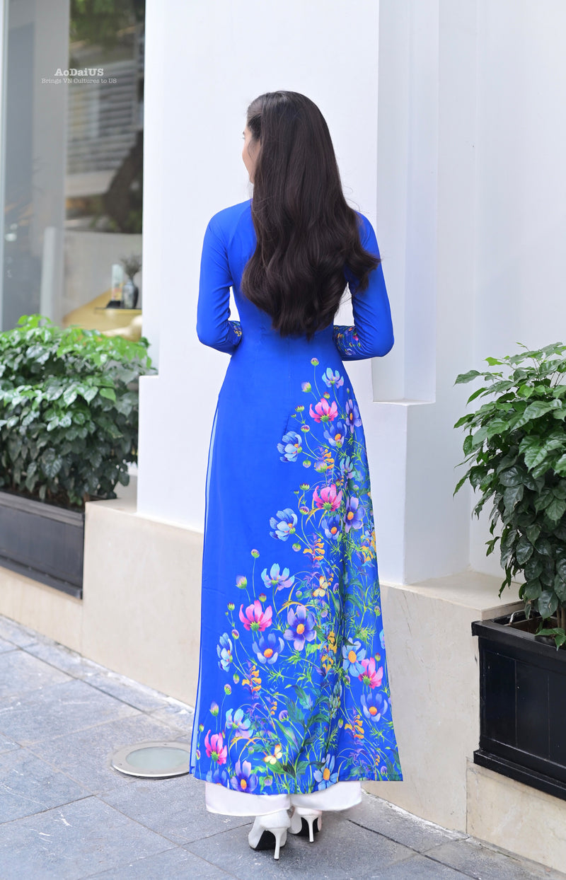 Floral Blue Traditional Vietnamese Ao Dai | No Pants G4