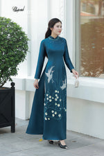 Twin Birds on Apricot Branch Blue Traditional Vietnamese Ao Dai No Pants