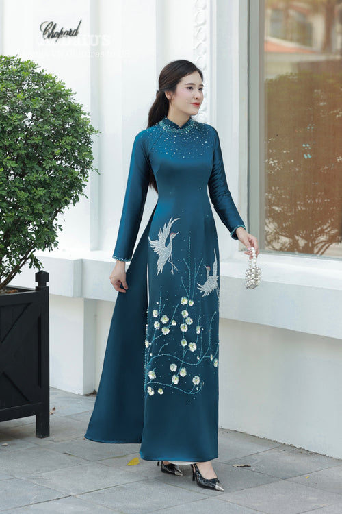 Twin Birds on Apricot Branch Blue Traditional Vietnamese Ao Dai No Pants