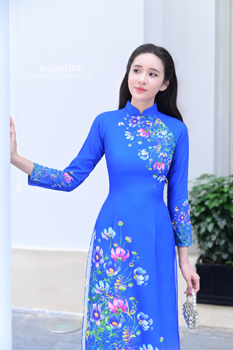 Floral Blue Traditional Vietnamese Ao Dai | No Pants G4