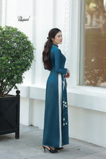 Twin Birds on Apricot Branch Blue Traditional Vietnamese Ao Dai No Pants