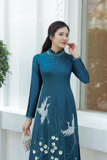 Twin Birds on Apricot Branch Blue Traditional Vietnamese Ao Dai No Pants