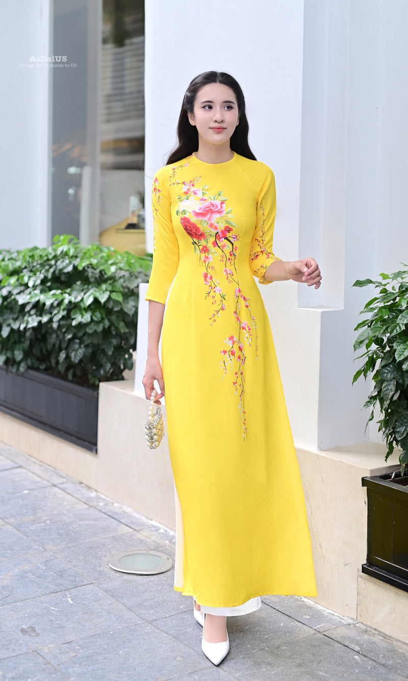 Floral Yellow Traditional Vietnamese Ao Dai | No Pants G4