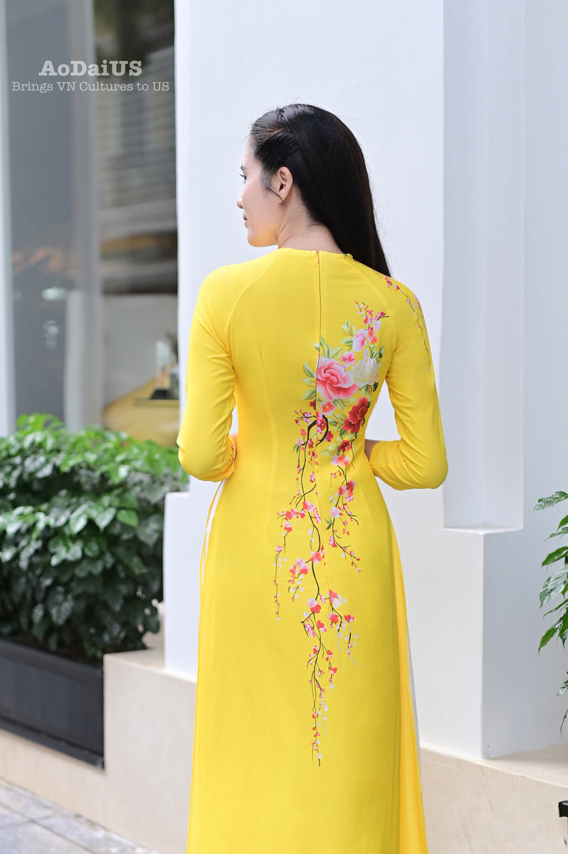 Floral Yellow Traditional Vietnamese Ao Dai | No Pants G4