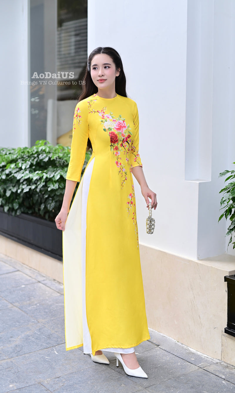 Floral Yellow Traditional Vietnamese Ao Dai | No Pants G4