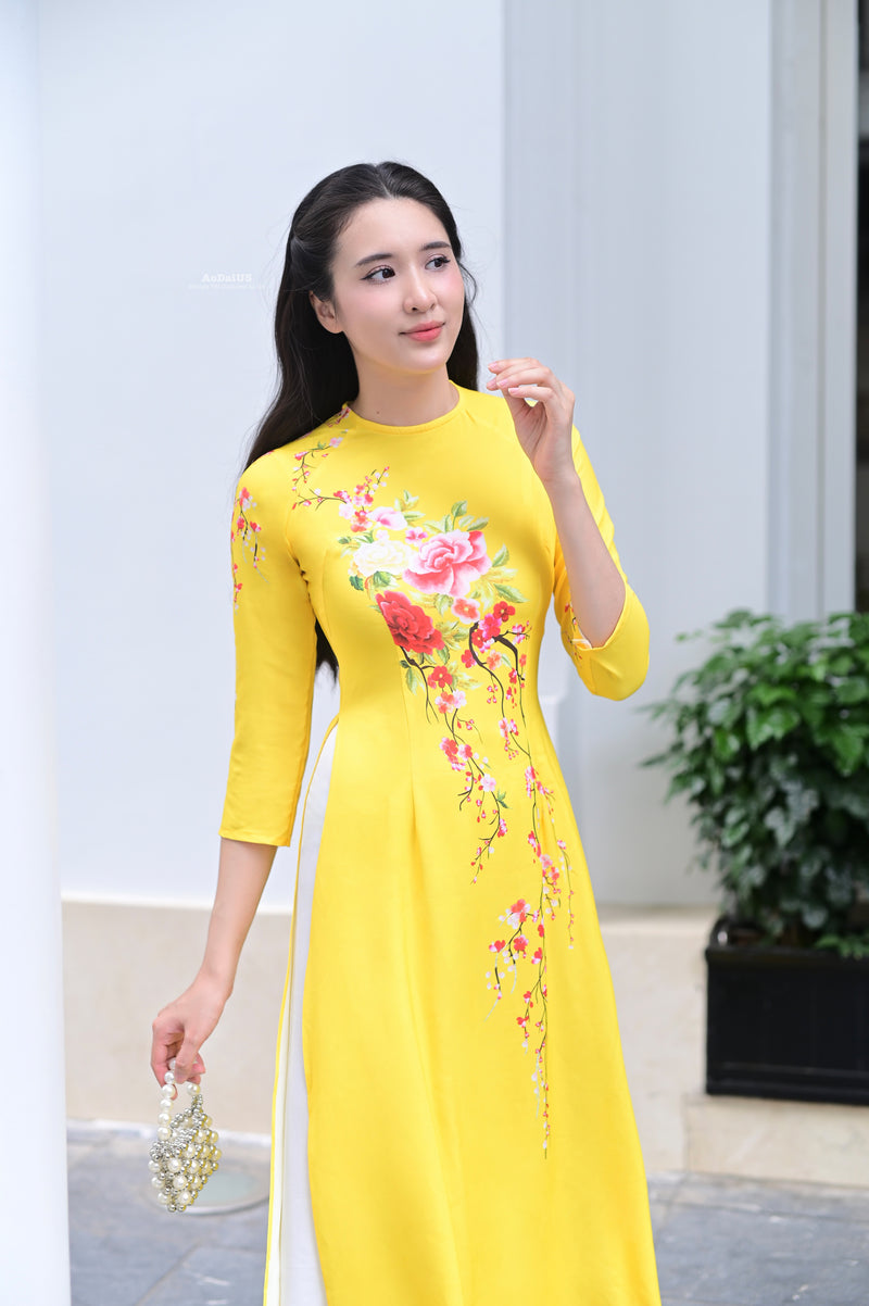 Floral Yellow Traditional Vietnamese Ao Dai | No Pants G4