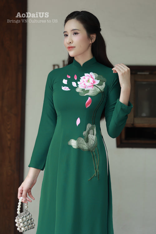 Elegant Navy Lotus Vietnamese Traditional Ao Dai Set A3