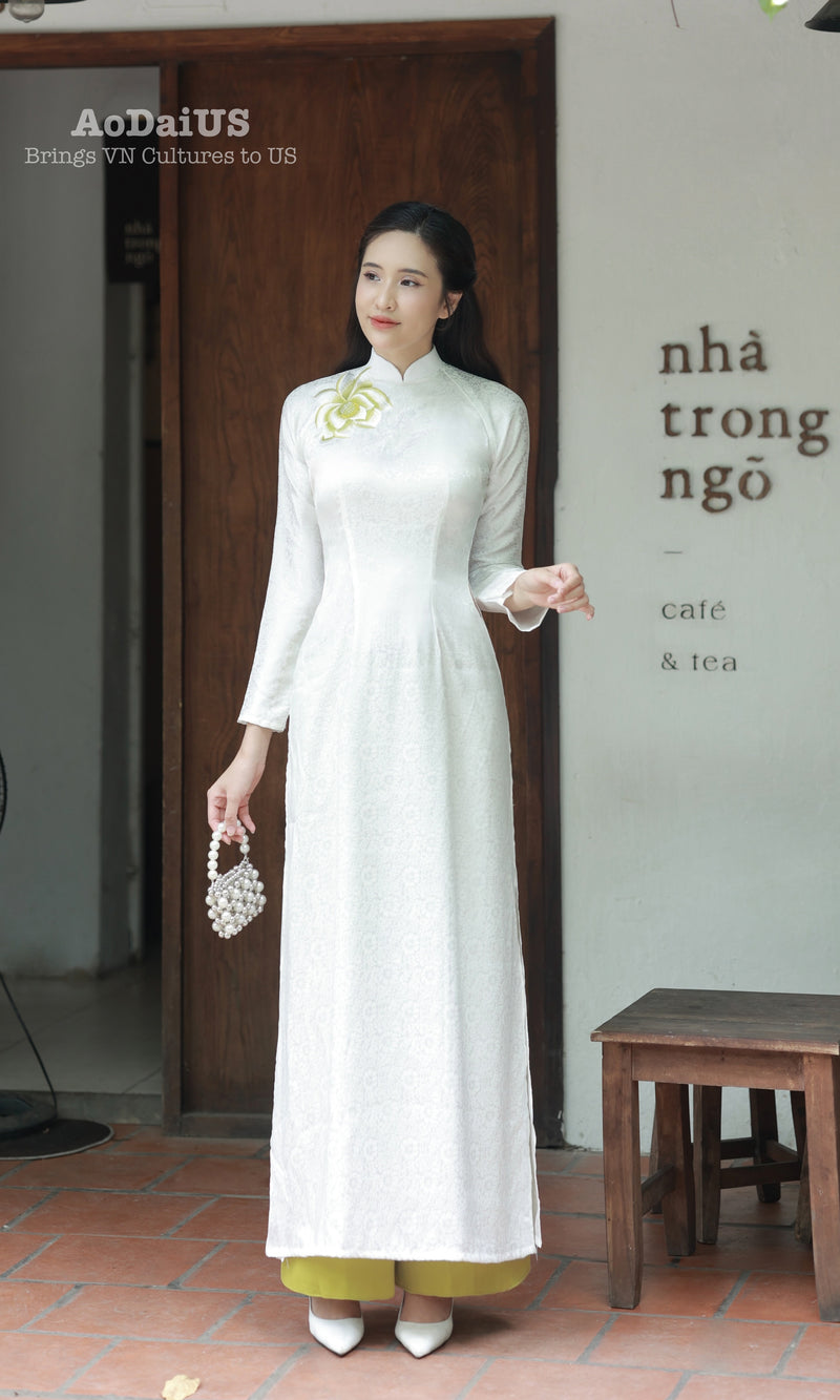 White Grace Lotus Ao Dai Vietnamese Traditional Ao Dai B29