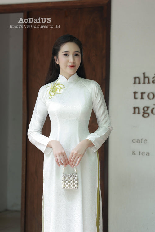 White Grace Lotus Ao Dai Vietnamese Traditional Ao Dai B29