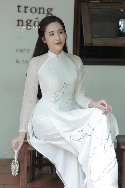 White Ao Dai with Crystal Embellished Lotus Flowers Set | White Bridal Dress