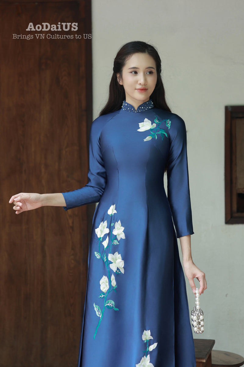 Blue Magnolia Traditional Vietnamese Ao Dai Dress with Crystal Beading I29