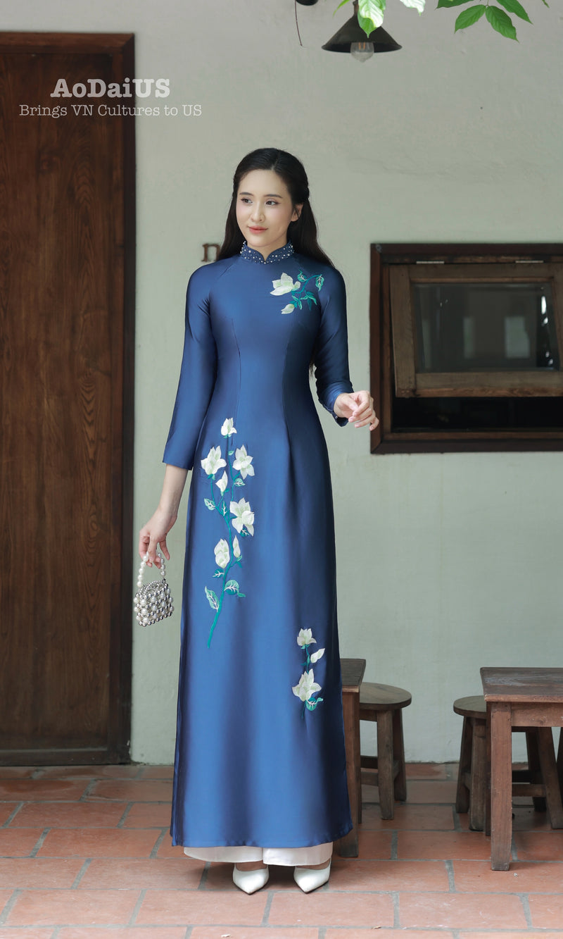 Blue Magnolia Traditional Vietnamese Ao Dai Dress with Crystal Beading I29