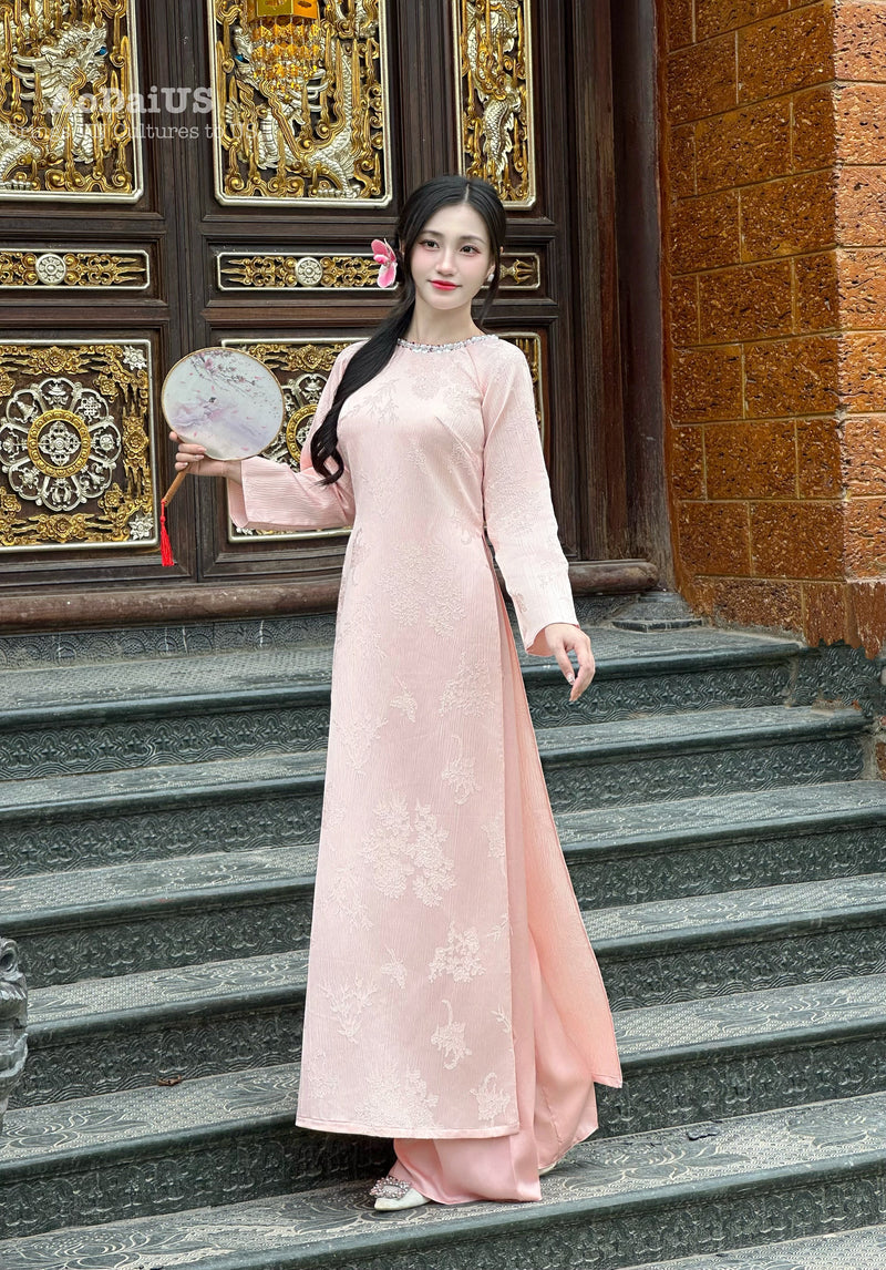 Fiona Pink Floral Ao Dai Modern | Vietnamese Modernized Dress No Pants H31