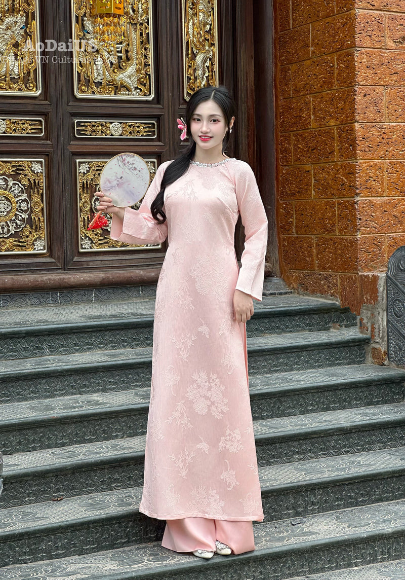 Fiona Pink Floral Ao Dai Modern | Vietnamese Modernized Dress No Pants H31