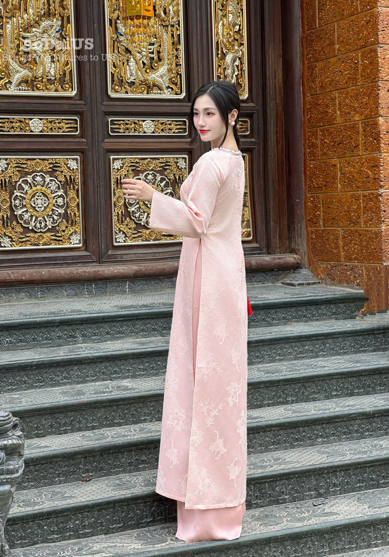 Fiona Pink Floral Ao Dai Modern | Vietnamese Modernized Dress No Pants H31