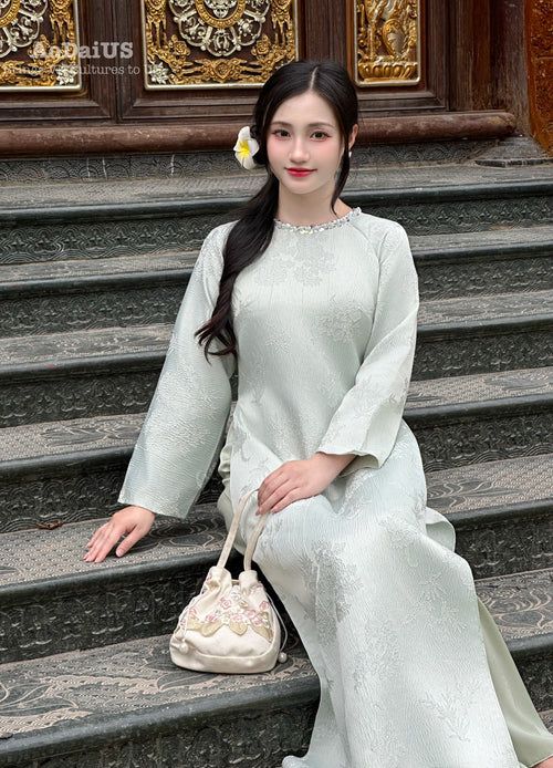Fiona Green Floral Ao Dai Modern | Vietnamese Modernized Dress No Pants H31