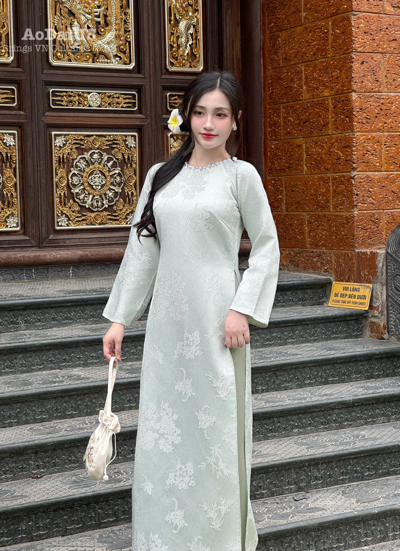 Fiona Green Floral Ao Dai Modern | Vietnamese Modernized Dress No Pants H31