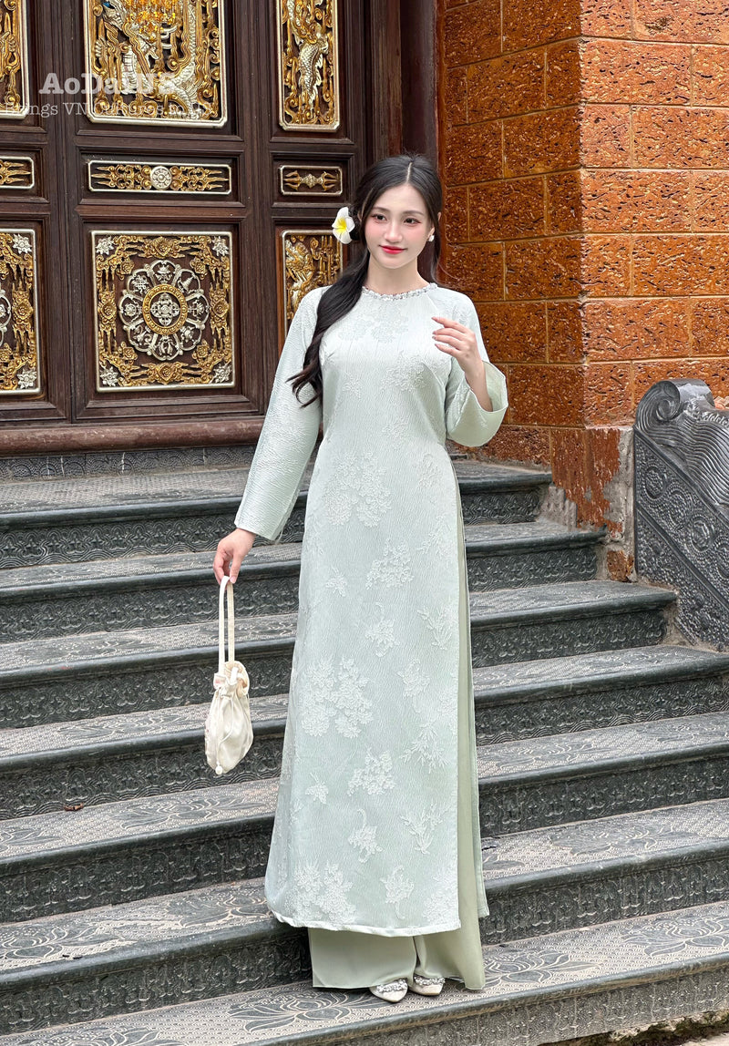 Fiona Green Floral Ao Dai Modern | Vietnamese Modernized Dress No Pants H31