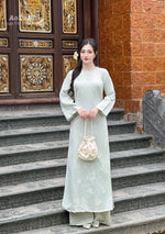 Fiona Green Floral Ao Dai Modern | Vietnamese Modernized Dress No Pants H31