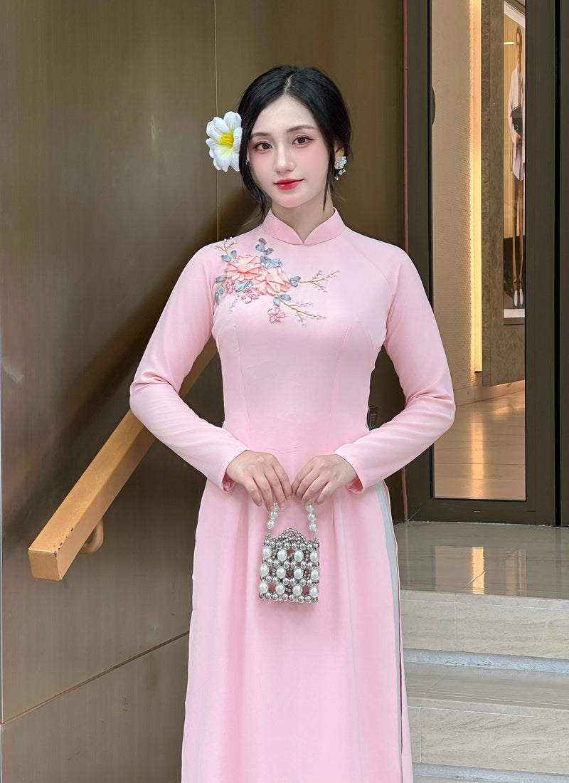 Pink 3D Ribbon Floral Ao Dai- No Pants | Vietnamese Traditional Dress | VN-A4