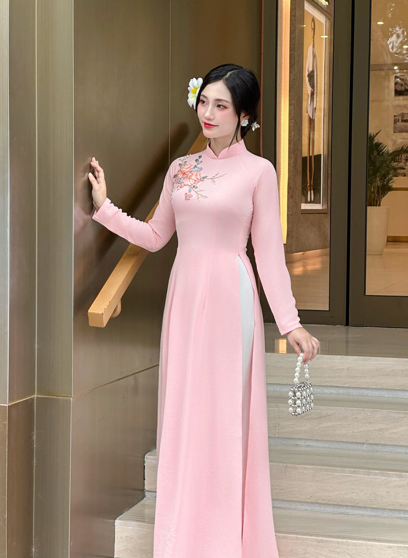 Pink 3D Ribbon Floral Ao Dai- No Pants | Vietnamese Traditional Dress | VN-A4
