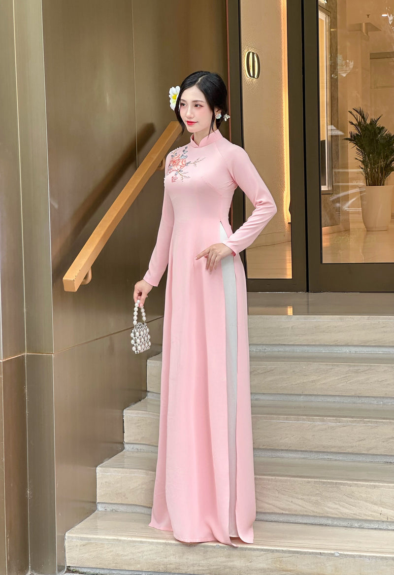 Pink 3D Ribbon Floral Ao Dai- No Pants | Vietnamese Traditional Dress | VN-A4