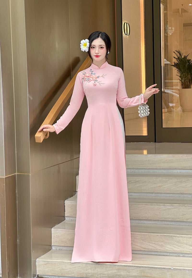 Pink 3D Ribbon Floral Ao Dai- No Pants | Vietnamese Traditional Dress Ao Dai US Pink 3D Ribbon Floral Ao Dai- No Pants | Vietnamese Traditional Dress Ao Dai US