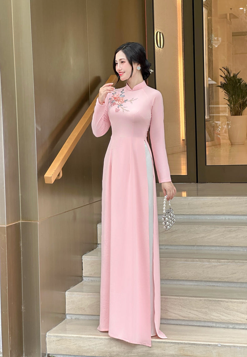 Pink 3D Ribbon Floral Ao Dai- No Pants | Vietnamese Traditional Dress | VN-A4