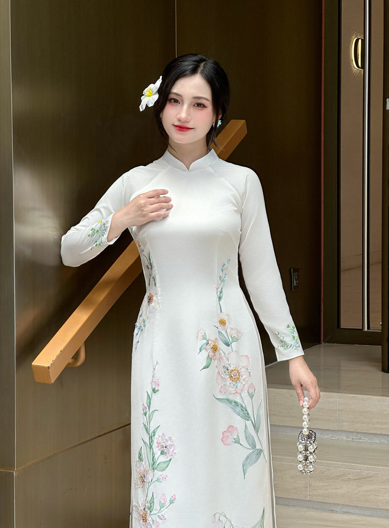 White LINH LAN Ao Dai with 3D Floral Embellishments and Crystals No Pants | Traditional Vietnamese Ao Dai A50