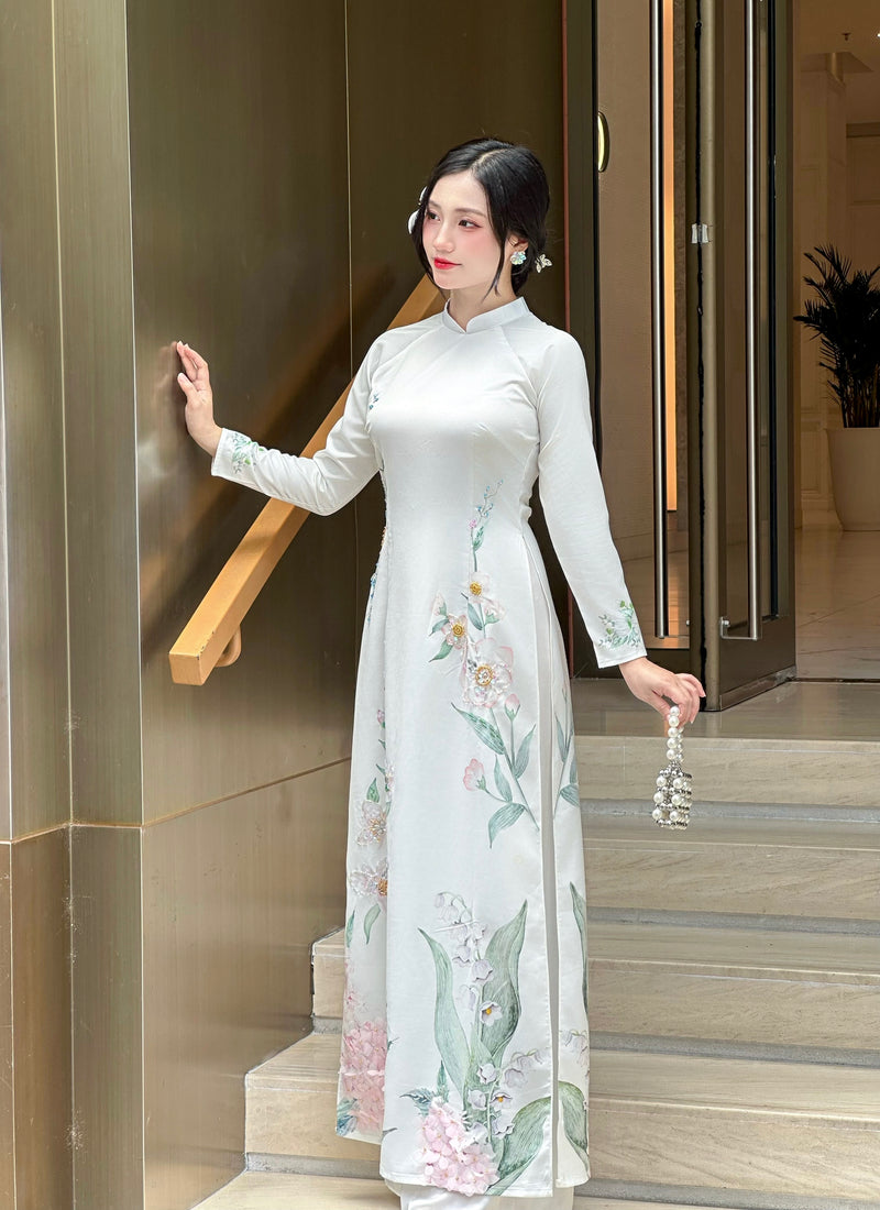 White LINH LAN Ao Dai with 3D Floral Embellishments and Crystals No Pants | Traditional Vietnamese Ao Dai A50
