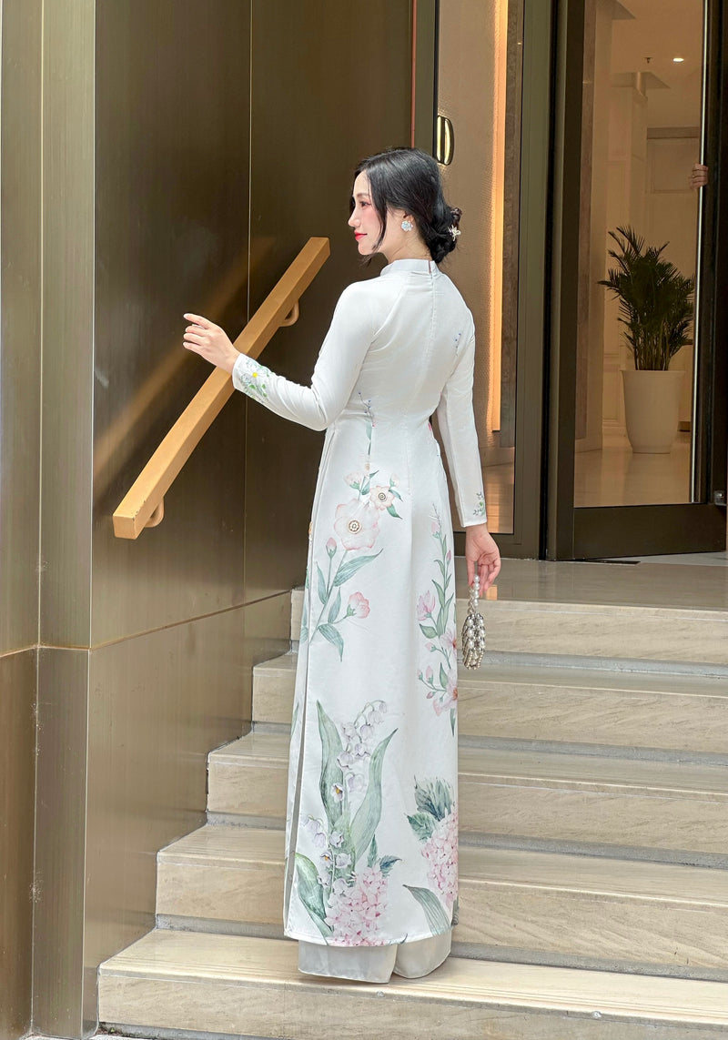 White LINH LAN Ao Dai with 3D Floral Embellishments and Crystals No Pants | Traditional Vietnamese Ao Dai A50