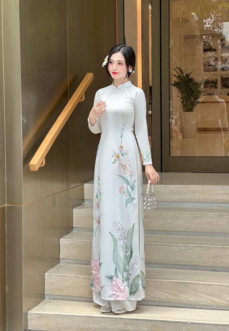 White LINH LAN Ao Dai with 3D Floral Embellishments and Crystals No Pants | Traditional Vietnamese Ao Dai A50