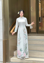 White LINH LAN Ao Dai with 3D Floral Embellishments and Crystals No Pants | Traditional Vietnamese Ao Dai A50