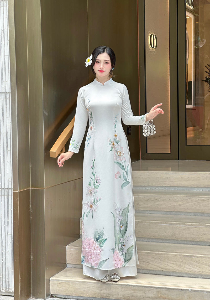 White LINH LAN Ao Dai with 3D Floral Embellishments and Crystals No Pants | Traditional Vietnamese Ao Dai A50