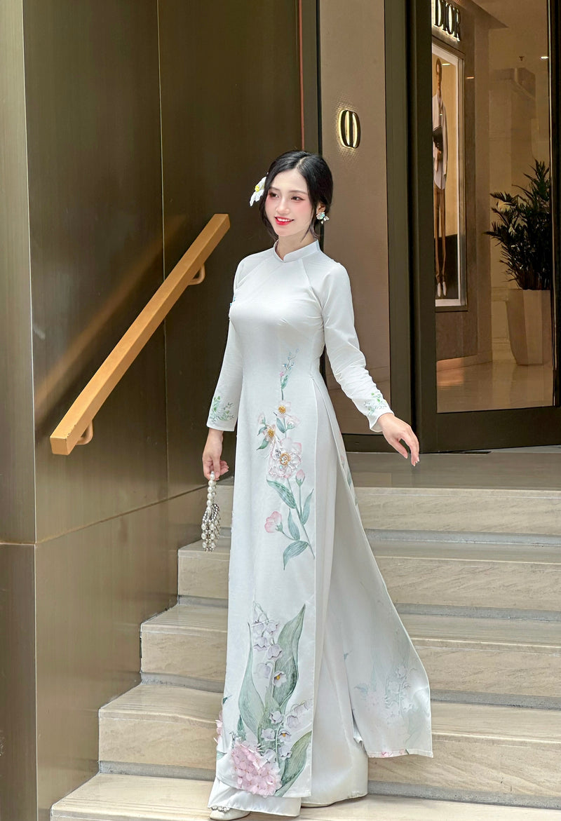 White LINH LAN Ao Dai with 3D Floral Embellishments and Crystals No Pants | Traditional Vietnamese Ao Dai A50
