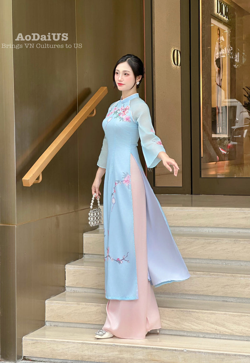 blue vietnamese dress Blue Vietnamese traditional Ao Dai long dress with 3D flower lotus , including pants