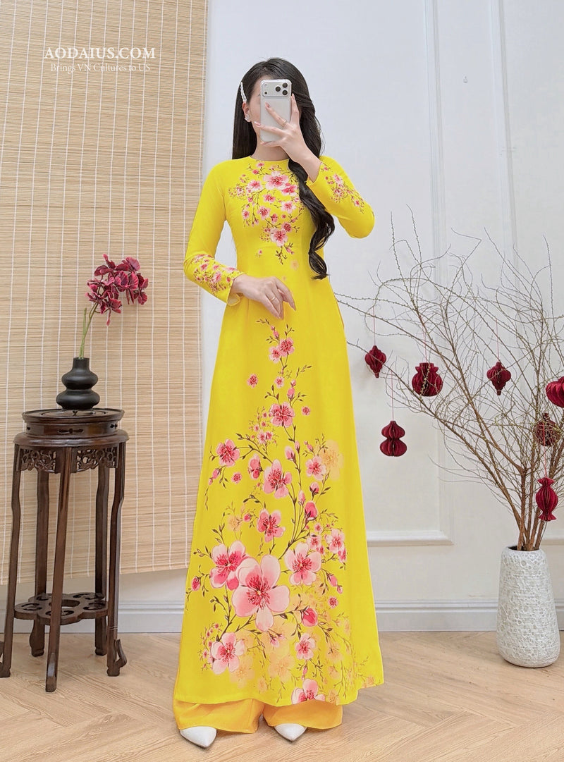 はがけい Lucky Tet Fireworks Floral Vietnamese Ao Dai – Traditional Silk