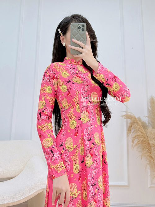 Lucky Pink Tết Blossom Vietnamese Traditional Ao Dai M6