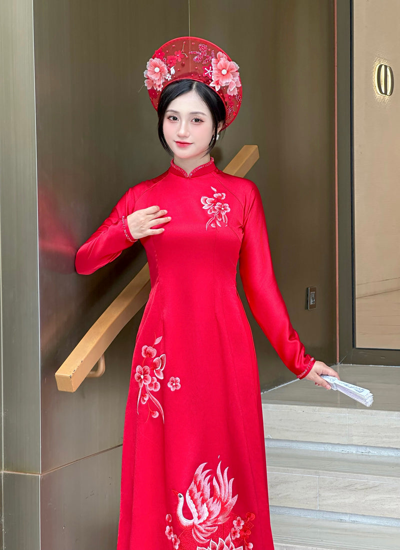 Áo Dài Hỉ Tước - Red Bridal Ao Dai with Crystal Embellished Cranes | Red Bridal Dress | No Headband