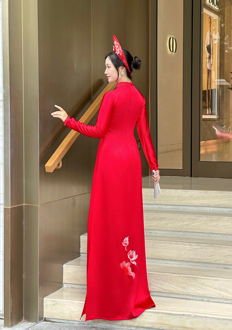 Áo Dài Hỉ Tước - Red Bridal Ao Dai with Crystal Embellished Cranes | Red Bridal Dress | No Headband