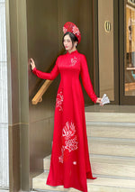 Áo Dài Hỉ Tước - Red Bridal Ao Dai with Crystal Embellished Cranes | Red Bridal Dress | No Headband