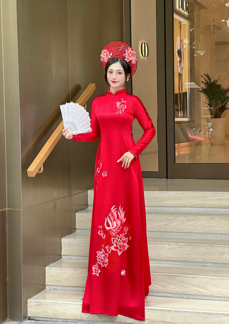 Áo Dài Hỉ Tước - Red Bridal Ao Dai with Crystal Embellished Cranes | Red Bridal Dress | No Headband
