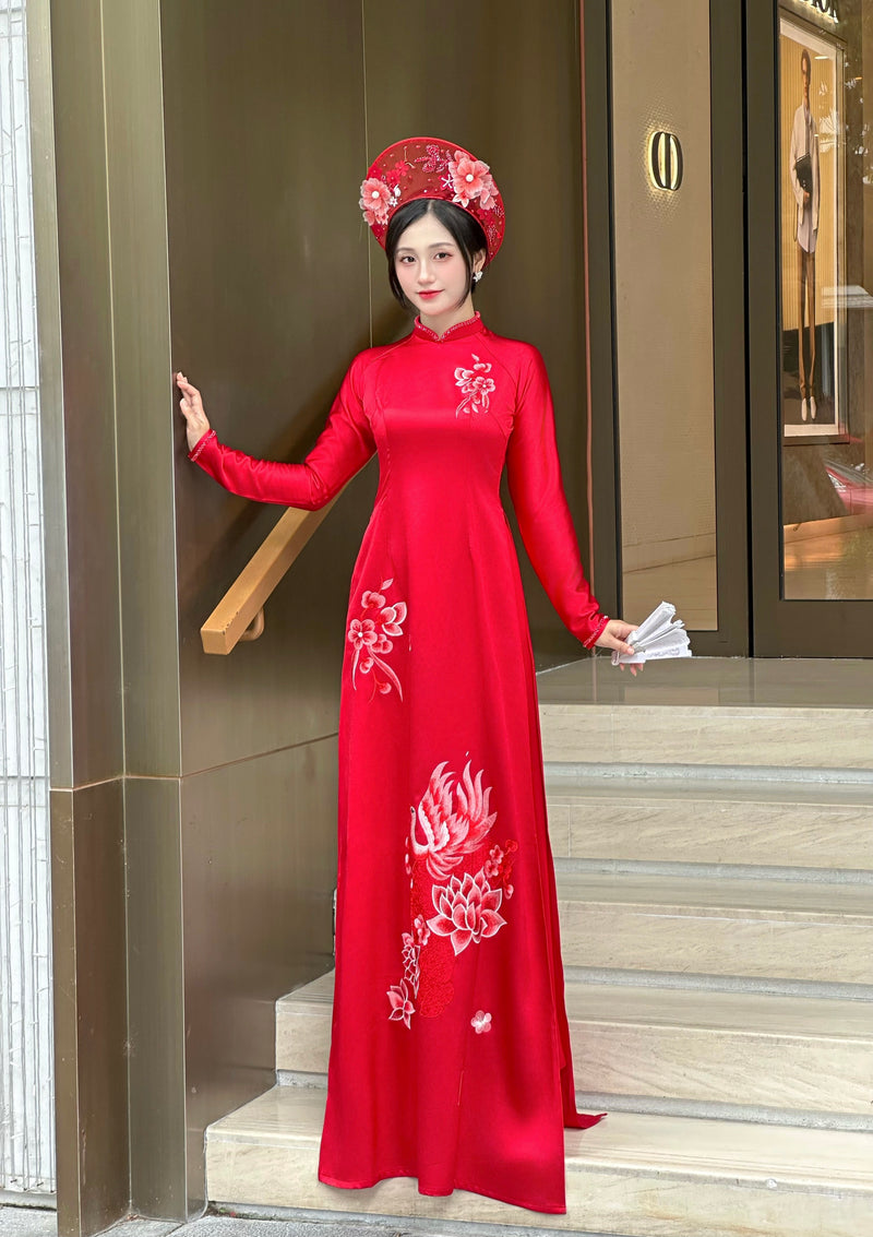 Áo Dài Hỉ Tước - Red Bridal Ao Dai with Crystal Embellished Cranes | Red Bridal Dress | No Headband