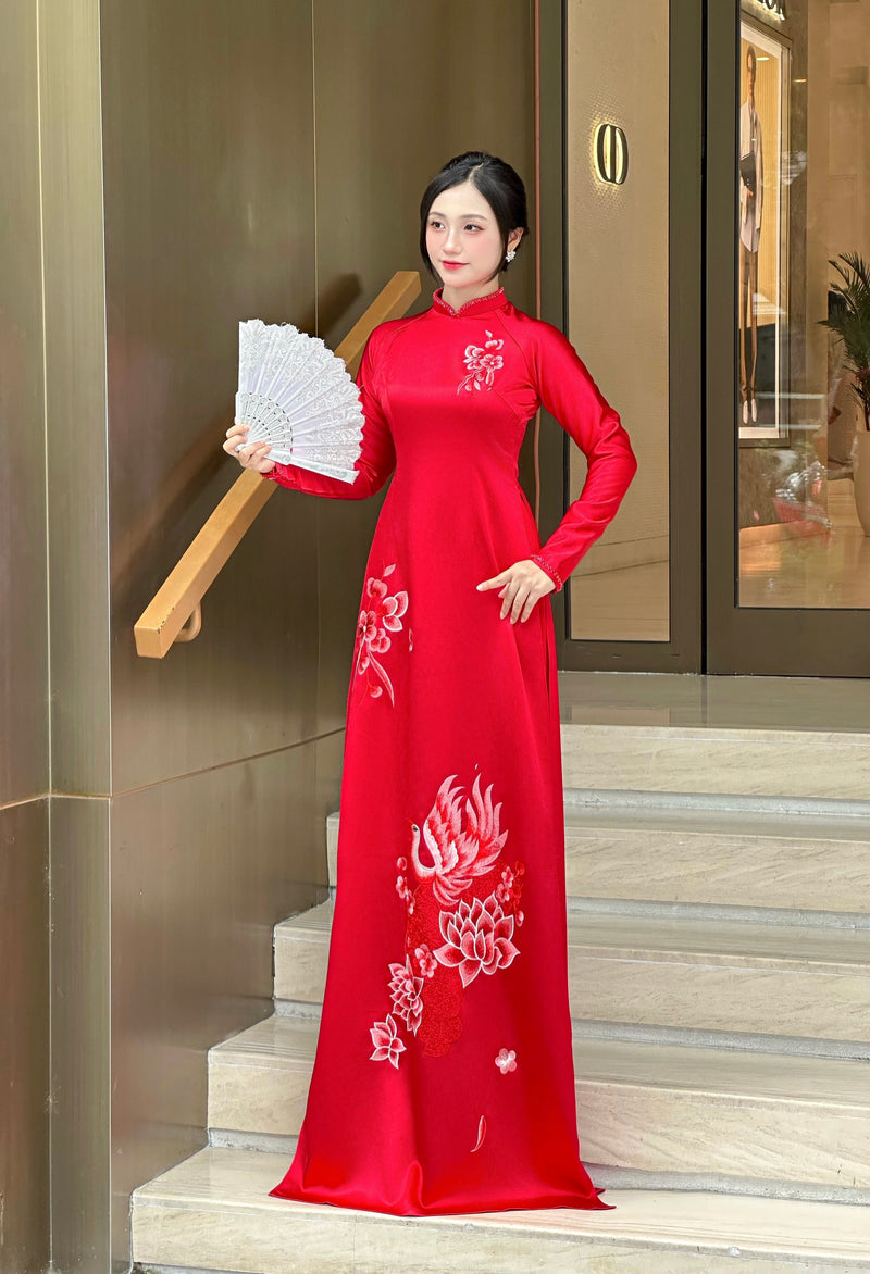 Áo Dài Hỉ Tước - Red Bridal Ao Dai with Crystal Embellished Cranes | Red Bridal Dress | No Headband